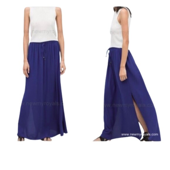 ZARA BASIC SZ XS ROYAL BLUE POLYESTER ELASTIC WAIST MAXI SKIRT HIGH SIDE SLITS - Picture 1 of 8